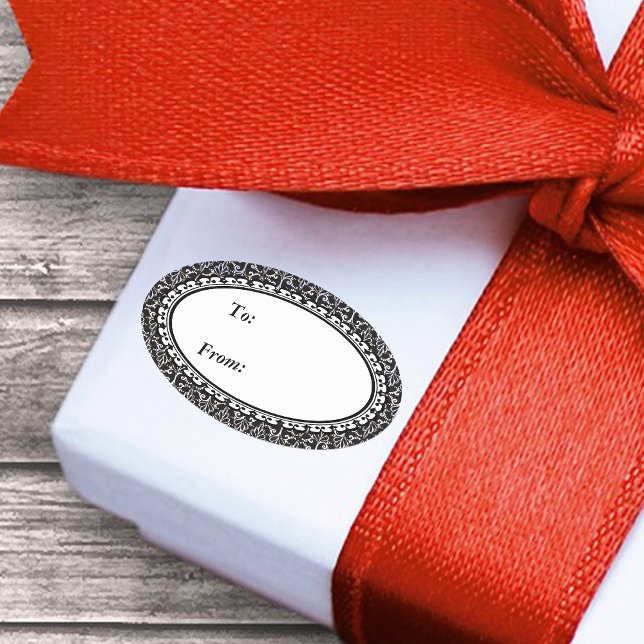 Adesivo Oval Design rico preto-e-branco Elegante  (Abstract black and white elegant damask with scrolls pattern on oval give tag sticker.)