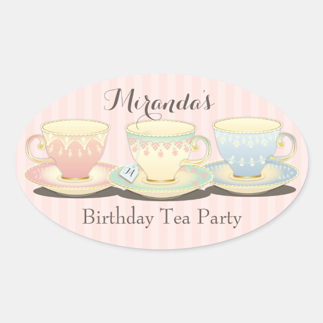 Adesivo Oval Doce Chic Birthday Teacup Tea Party Sticker (Frente)