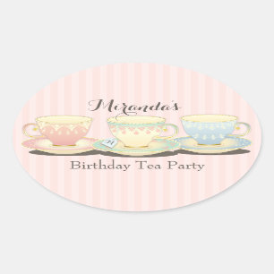 Adesivo Oval Doce Chic Birthday Teacup Tea Party Sticker