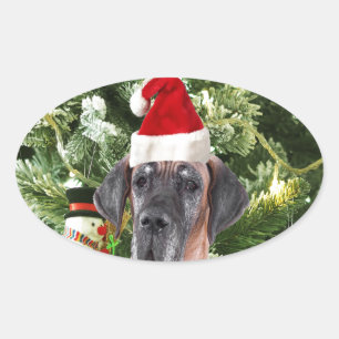 Adesivo Oval Dogue Alemão com Caixas de Presente de Árvore de N