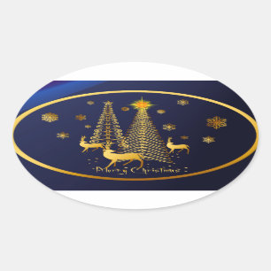 Adesivo Oval Douradas Árvores de Natal e Reindeer