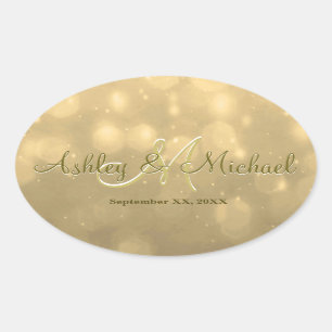 Adesivo Oval Dourado Bokeh Vinheta Monograma de Casamento