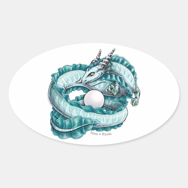 Adesivo Oval Dragão de Birthstone de junho: Pérola (Frente)