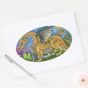ADESIVO OVAL DRAGÃO MEDIEVAL E JARDIM DE ARTE PASTA COLORIDO