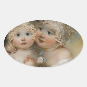 Adesivo Oval Duas meninas pequenas com capotas