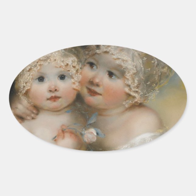 Adesivo Oval Duas meninas pequenas com capotas (Frente)