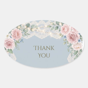 Adesivo Oval Dusty Blue Blush Rose Lace Casamento Agradecimento