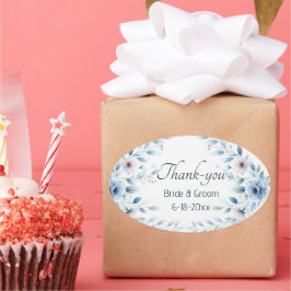 Adesivo Oval Elegant Blue Floral Wedding Thank-you Sticker