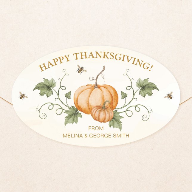 Adesivo Oval Elegant Watercolor Pumpkin et Bees Thanksgiving (Elegant, oval "Happy Thanksgiving" sticker featuring watercolor pumpkins with vines, leaves, bees.)