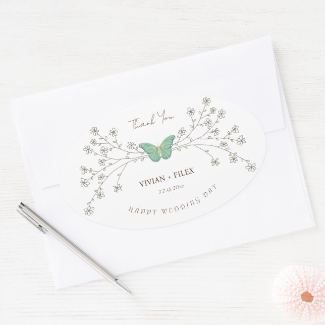Adesivo Oval Elegante Flor E Borboleta Obrigado (Envelope)