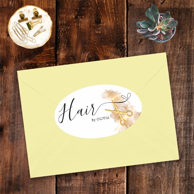 Adesivo Oval Elegante Hairstylist Dourada Tesoura Beauty Salon  (Criador carregado)
