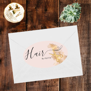 Adesivo Oval Elegante Hairstylist Dourada Tesoura Beauty Salon 