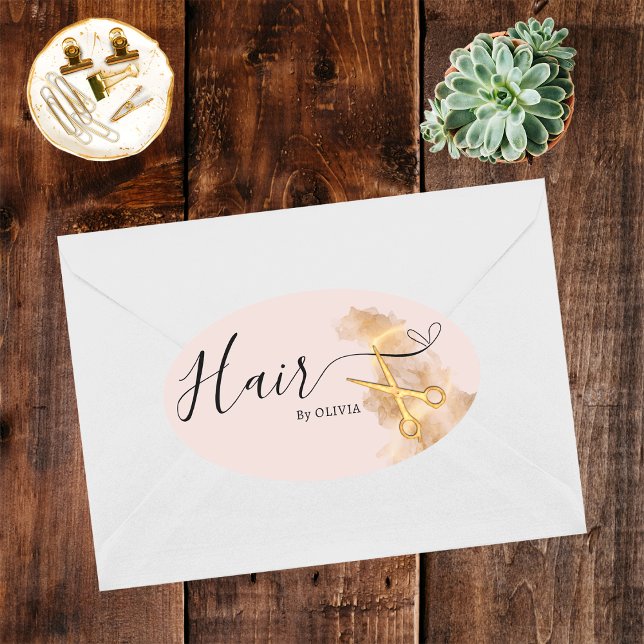 Adesivo Oval Elegante Hairstylist Dourada Tesoura Beauty Salon  (Criador carregado)