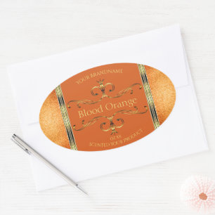Adesivo Oval Elegante Laranja Dourado Rótulos de Produto Bordas