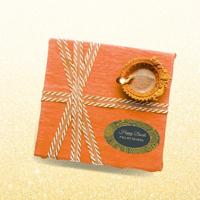 Adesivo Oval Elegante mandala diyas hindu custom gold diwali (Criador carregado)