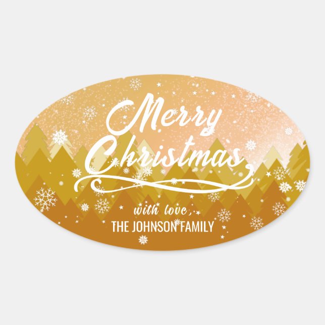 Adesivo Oval Elegante Ouro Pacífico Neve Floresta Feliz Natal (Frente)