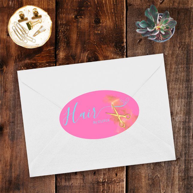 Adesivo Oval Elegante Pink Hairstylist Dourado Salão de Bela Te (Criador carregado)