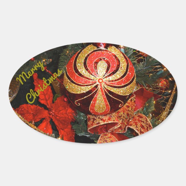 Adesivo Oval Elegante Poinsettia do Enfeites de natal Vermelho  (Frente)