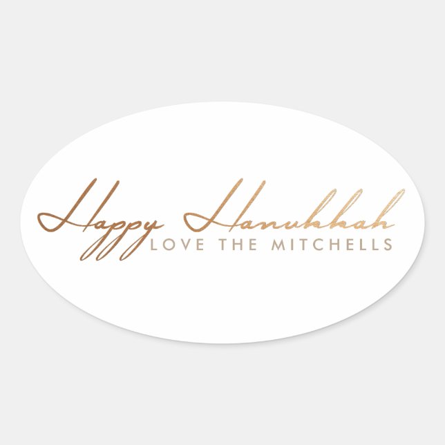 Adesivo Oval Elegante Script Hanukkah | ROSA DOURADO (Frente)