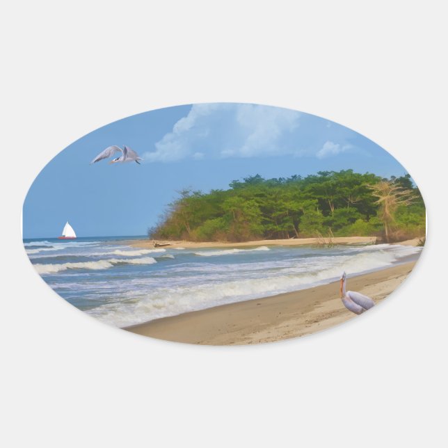 Adesivo Oval Em uma praia em algum lugar (Frente)