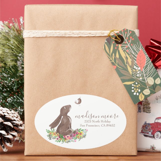 Adesivo Oval Endereço de Correio/Devolução Floral do Coelho Coe (Feriado)