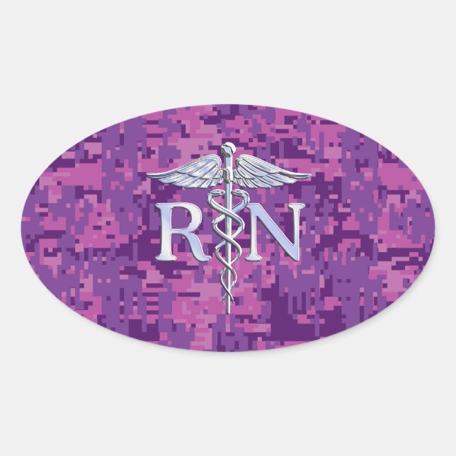 Adesivo Oval Enfermeira Registrada RN Silver Caduceus em Pink C (Frente)