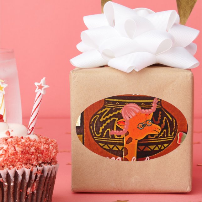 Adesivo Oval Engraçado Girafa com legal texto Hakuna Matata Des (Festa)