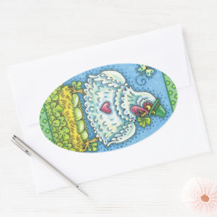 ADESIVO OVAL ENGRAÇADO IRLANDÊS HEN, OVOS VERDES E SHAMROCKS