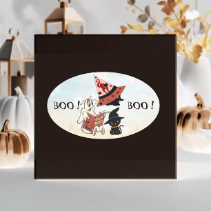Adesivo Oval Equipe Boo Chapéu de Bruxa de Gato Preto Livro de