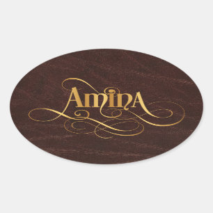 Adesivo Oval Escrita suave personalizada Amina Dourada no couro