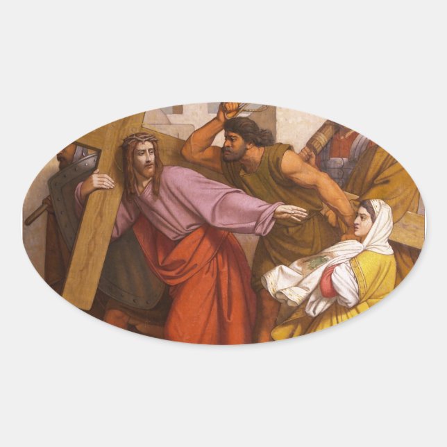 Adesivo Oval Estações da Cruz 5 Simon Carregares a Cruz (Frente)