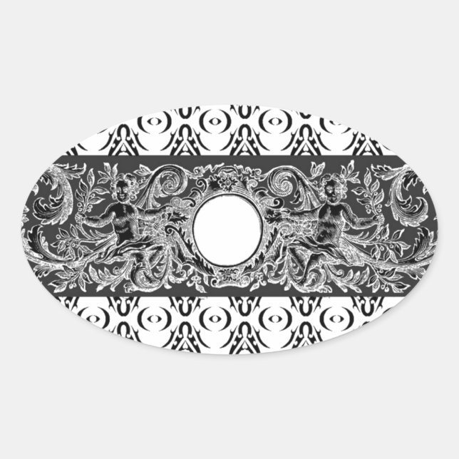 Adesivo Oval Estilo branco-preto clássico Barroco para personal (Frente)