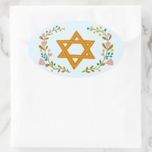 Adesivo Oval Estrela de David Floral Judaica Desenhada à Mão Pe
