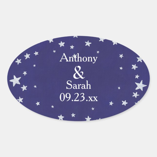 Adesivo Oval Estrelas de Prata Personalizadas Blue Save date St (Frente)