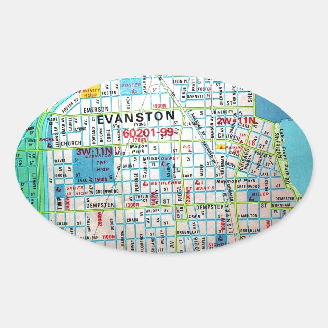 Adesivo Oval EVANSTON, IL Vintage Map (Frente)