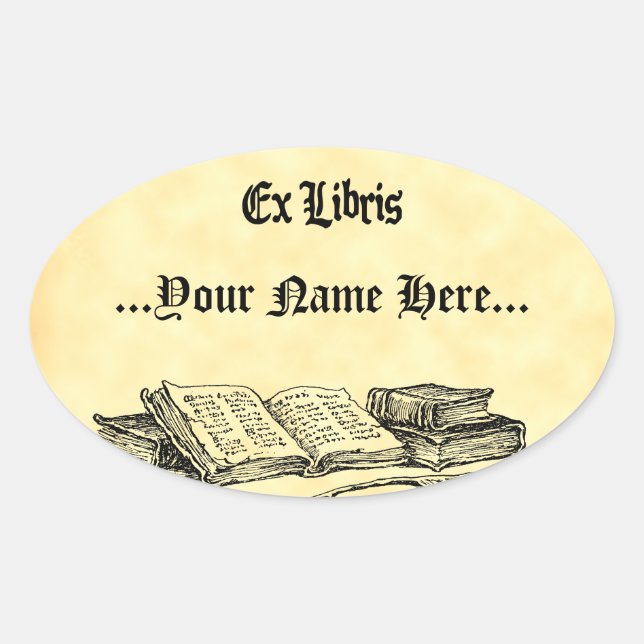 Adesivo Oval Ex Libris Vintage Livros Personalizados (Frente)