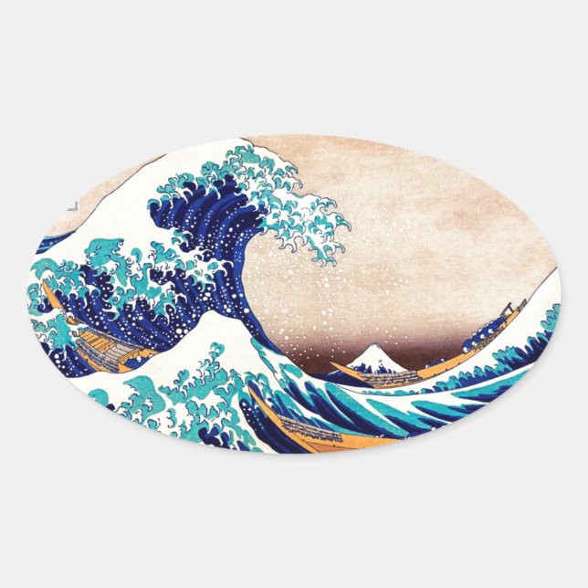 Adesivo Oval Excelente Wave Off Kanagawa Vintage Impressão Art  (Frente)