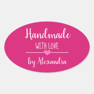 Adesivo Oval Fabricado à mão com nome de script rosa de amor