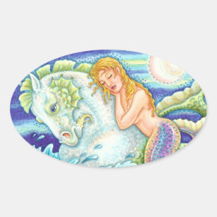 ADESIVO OVAL FANTASIA FANTASY MERMAID RIDING MERHORSE, SEAHORSE
