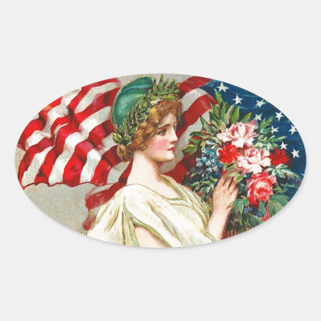 Adesivo Oval Feliz 4 de julho. Vintage Patriotic Design (Frente)