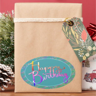 Adesivo Oval Feliz aniversário! Arco-Íris Gradiente Escrito à m