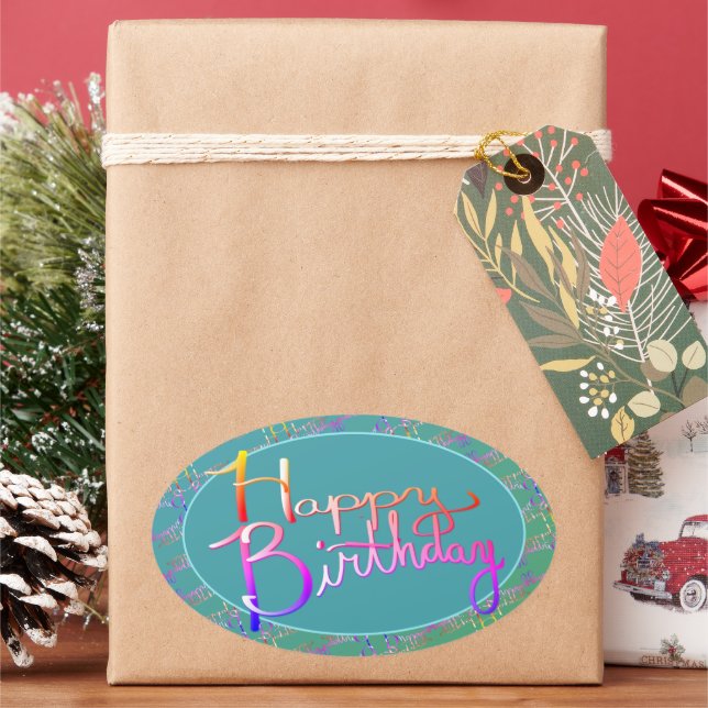 Adesivo Oval Feliz aniversário! Arco-Íris Gradiente Escrito à m (Feriado)