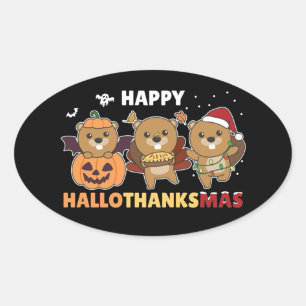 Adesivo Oval Feliz Hallothanksmas Beaver Classe de Beaver de Na