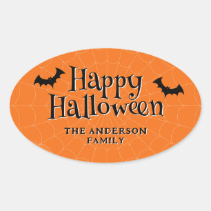 Adesivo Oval Feliz Halloween Cobweb Bats Orange