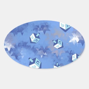 Adesivo Oval Feliz Hanukkah Estrelas Cadentes e Dreidels
