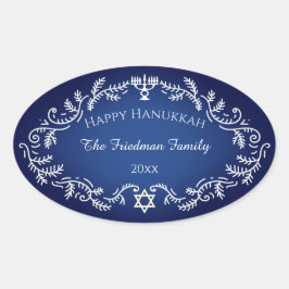 Adesivo Oval Feliz Hanukkah Menorah Quadro Festivo Branco sobre