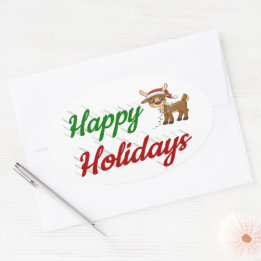 Adesivo Oval Feliz Holidays Reindeer Script de Natal