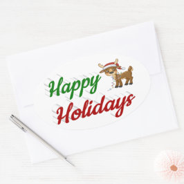 Adesivo Oval Feliz Holidays Reindeer Script de Natal