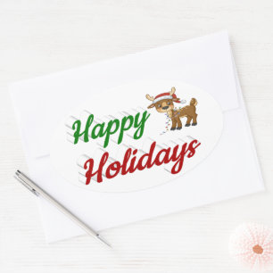 Adesivo Oval Feliz Holidays Reindeer Script de Natal