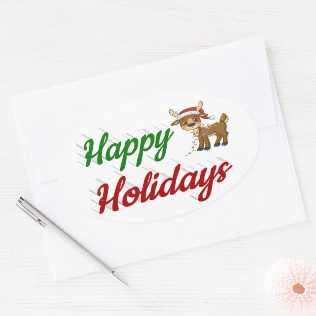 Adesivo Oval Feliz Holidays Reindeer Script de Natal (Envelope)